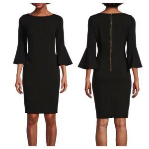 Calvin Klein 3/4 Bell Sleeve Boat Neck Exposed Gold Zipper Sheath Dress‎ Size 0